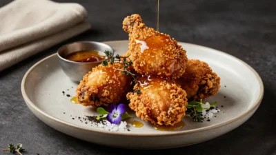 Truffle honey fried chicken with a crispy golden crust, fresh herbs, and a glossy honey drizzle.