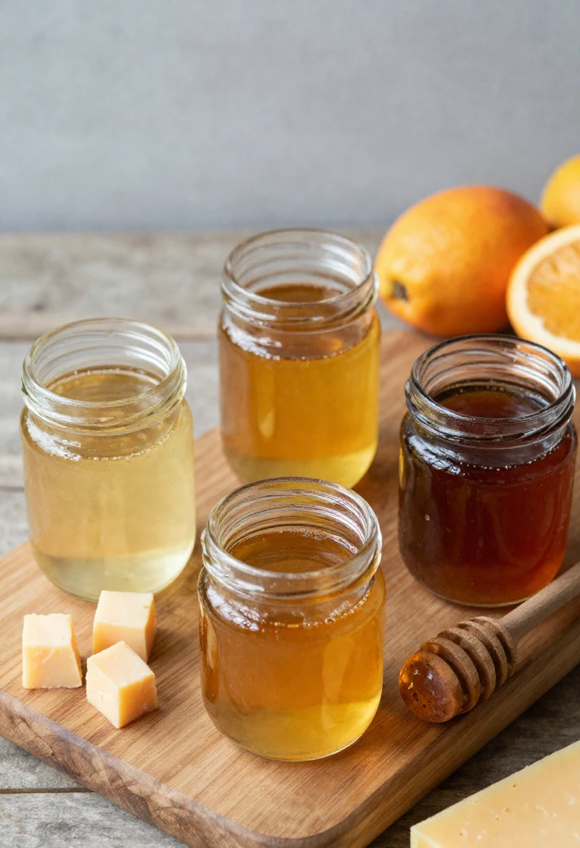 Different types of honey in glass jars with fruit and cheese.