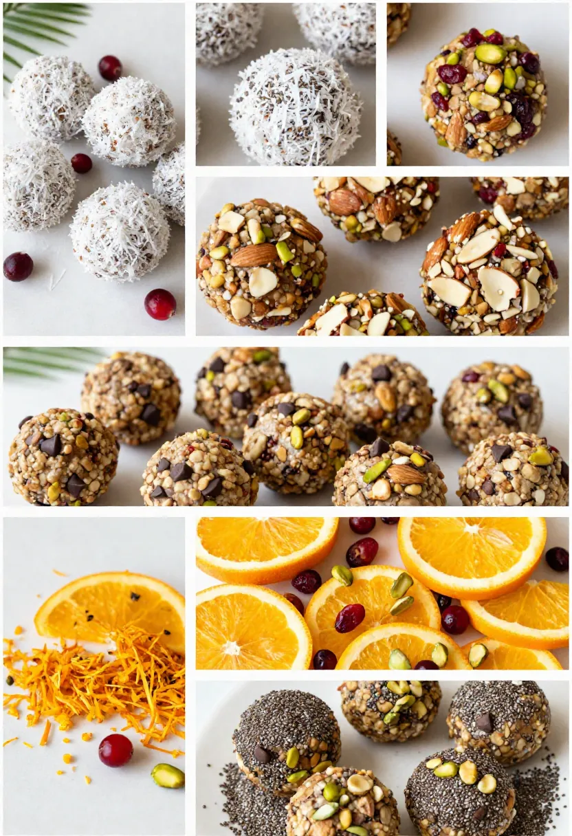 Five variations of cranberry pistachio energy bites with coconut, chocolate, citrus, nuts, and chia seeds.