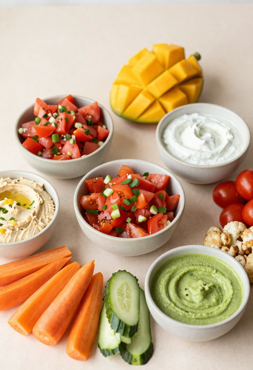 Colorful snack board with carrot sticks, cucumber slices, cherry tomatoes, mango chunks, salsa, hummus, and guacamole.