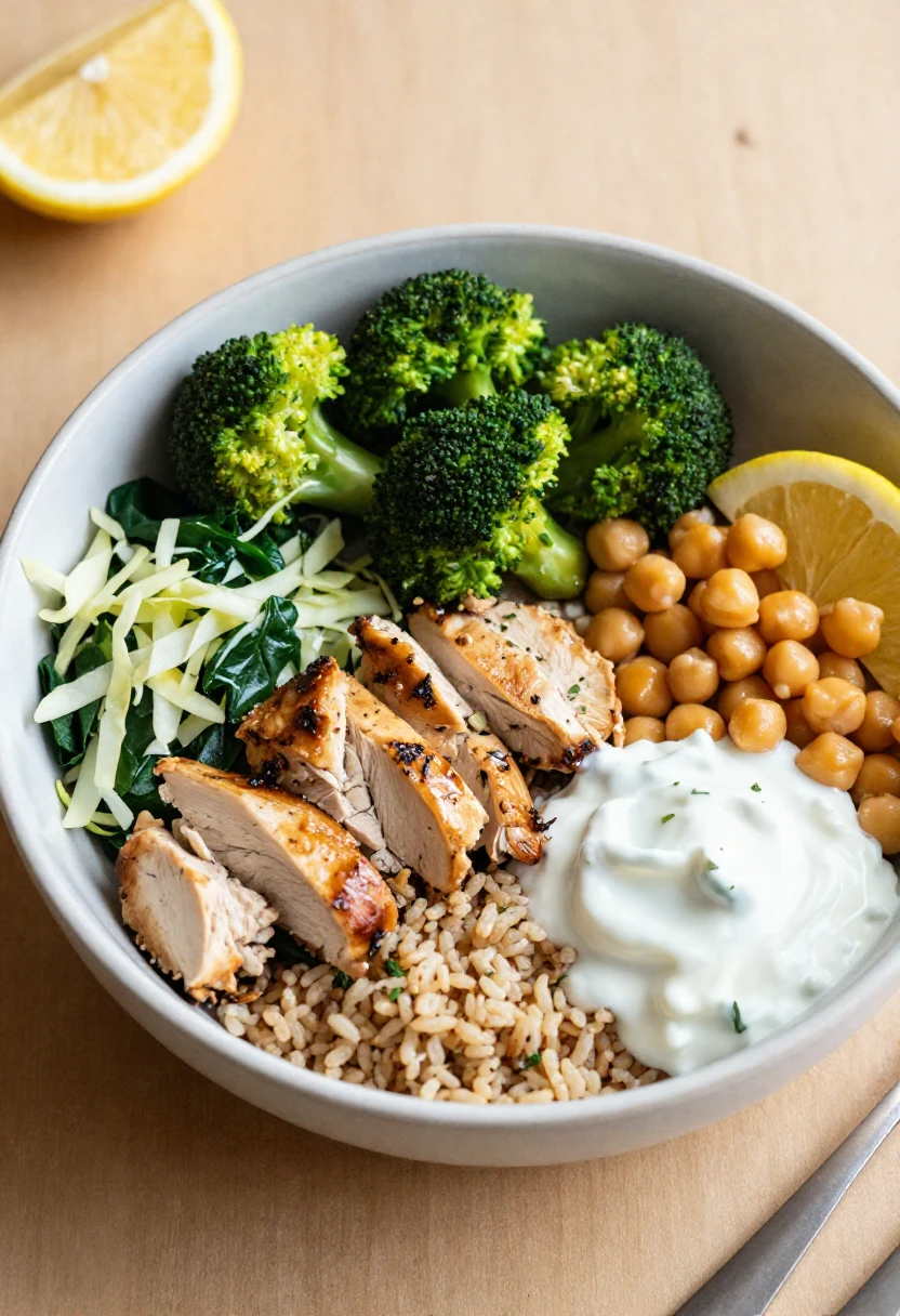 Balanced grain bowl with broccoli, cabbage, spinach, chicken, chickpeas, and rice for healthy weight management meals.