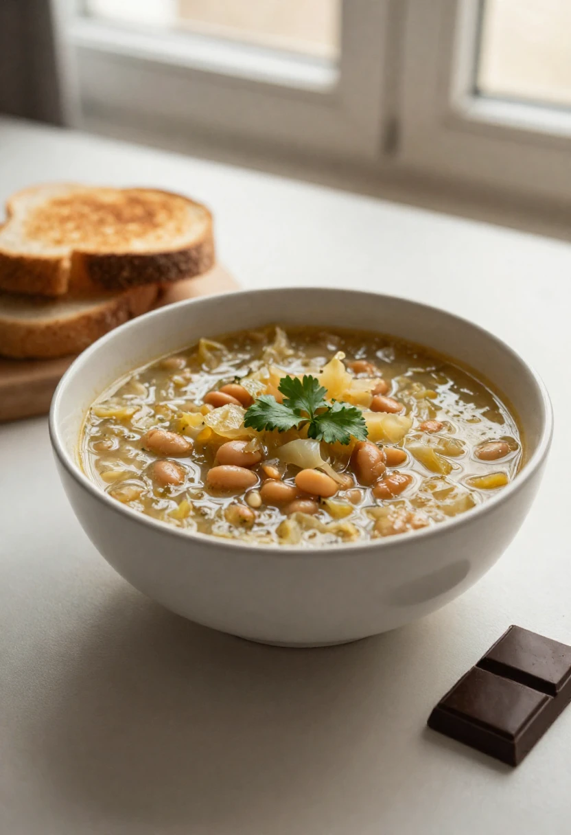 Bowl of bean soup with corn and potatoes, garnished with parsley, served with toasted bread on a white countertop near a window.