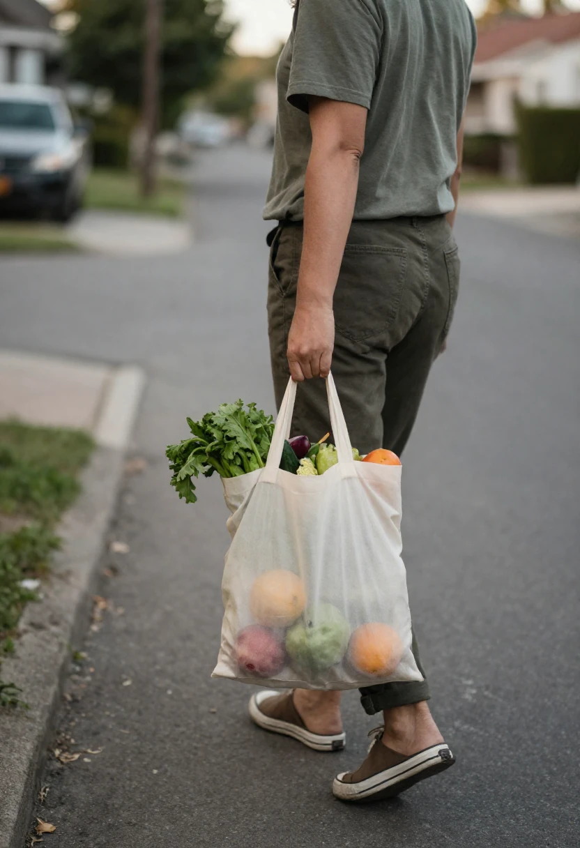 Walking home with groceries as a healthy habit that can reduce daily costs.