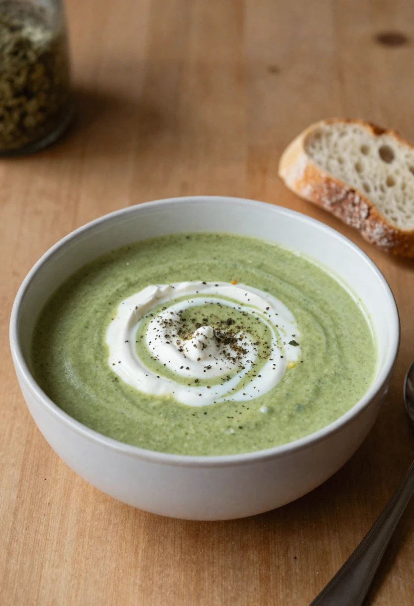 Warm creamy green soup with herbs and yogurt swirl.