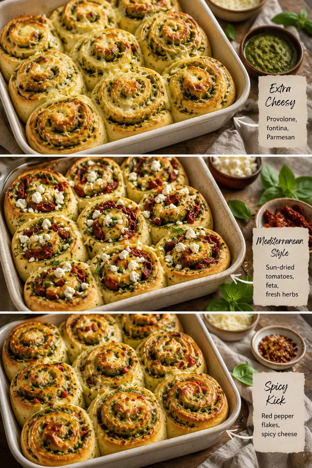 Three-frame collage showing extra-cheesy, Mediterranean-inspired, and spicy variations of homemade cheesy pesto rolls.