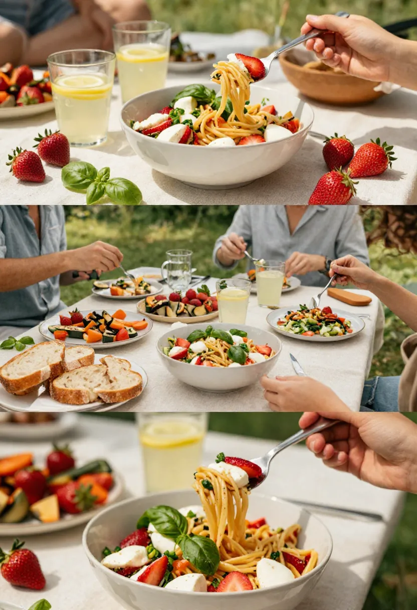 Summer collage of strawberry caprese pasta salad served at picnics, outdoor gatherings, and casual warm-weather meals.