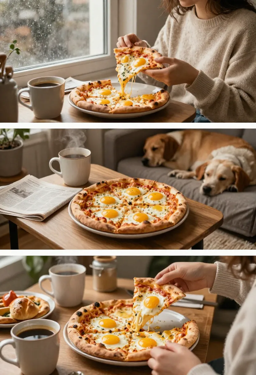 Cozy weekend breakfast collage featuring cheesy garlic naan breakfast pizza, coffee, and a relaxed morning atmosphere.