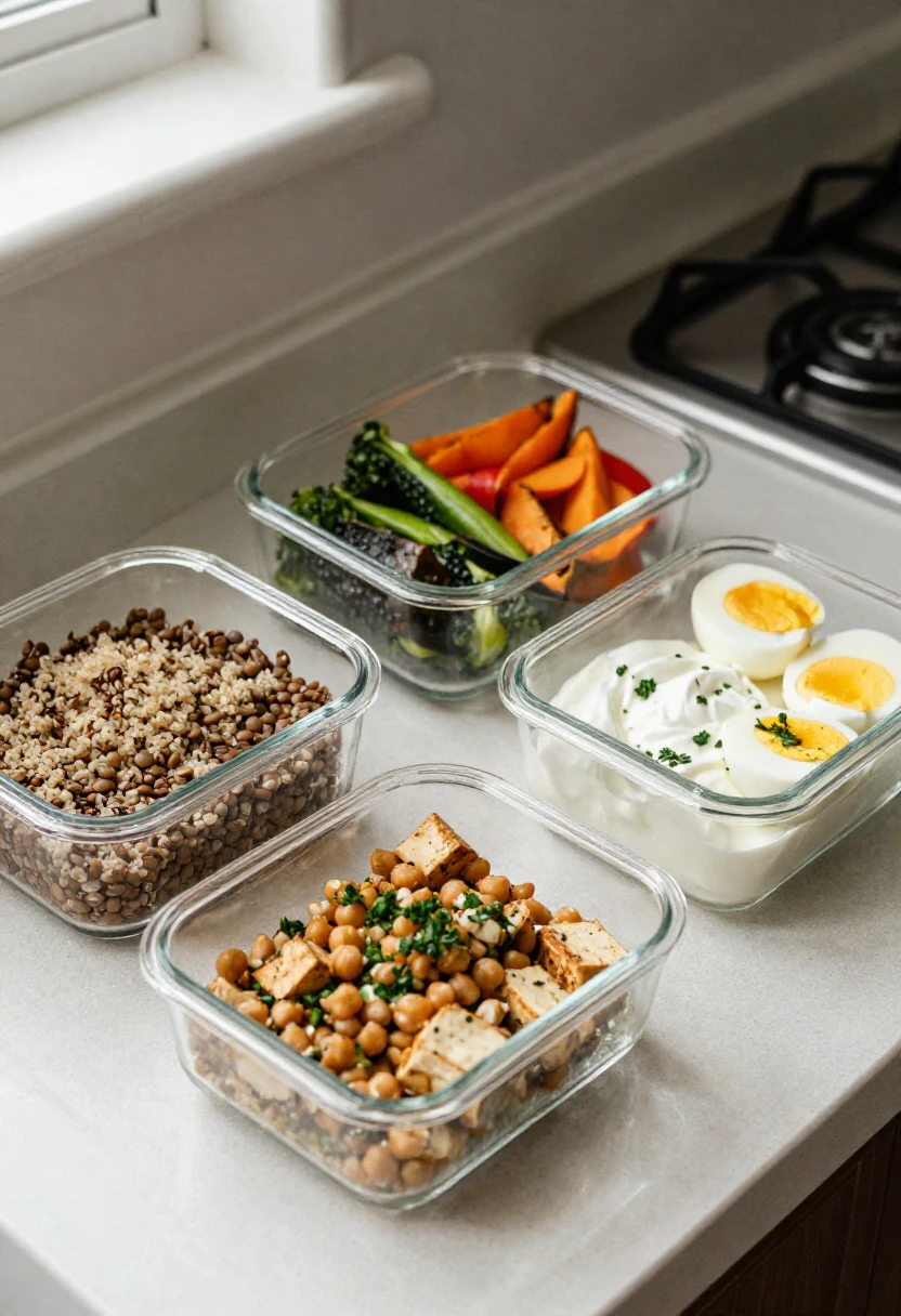Meatless protein meal prep with lentils, quinoa, roasted vegetables, chickpea salad, tofu, eggs, and Greek yogurt.