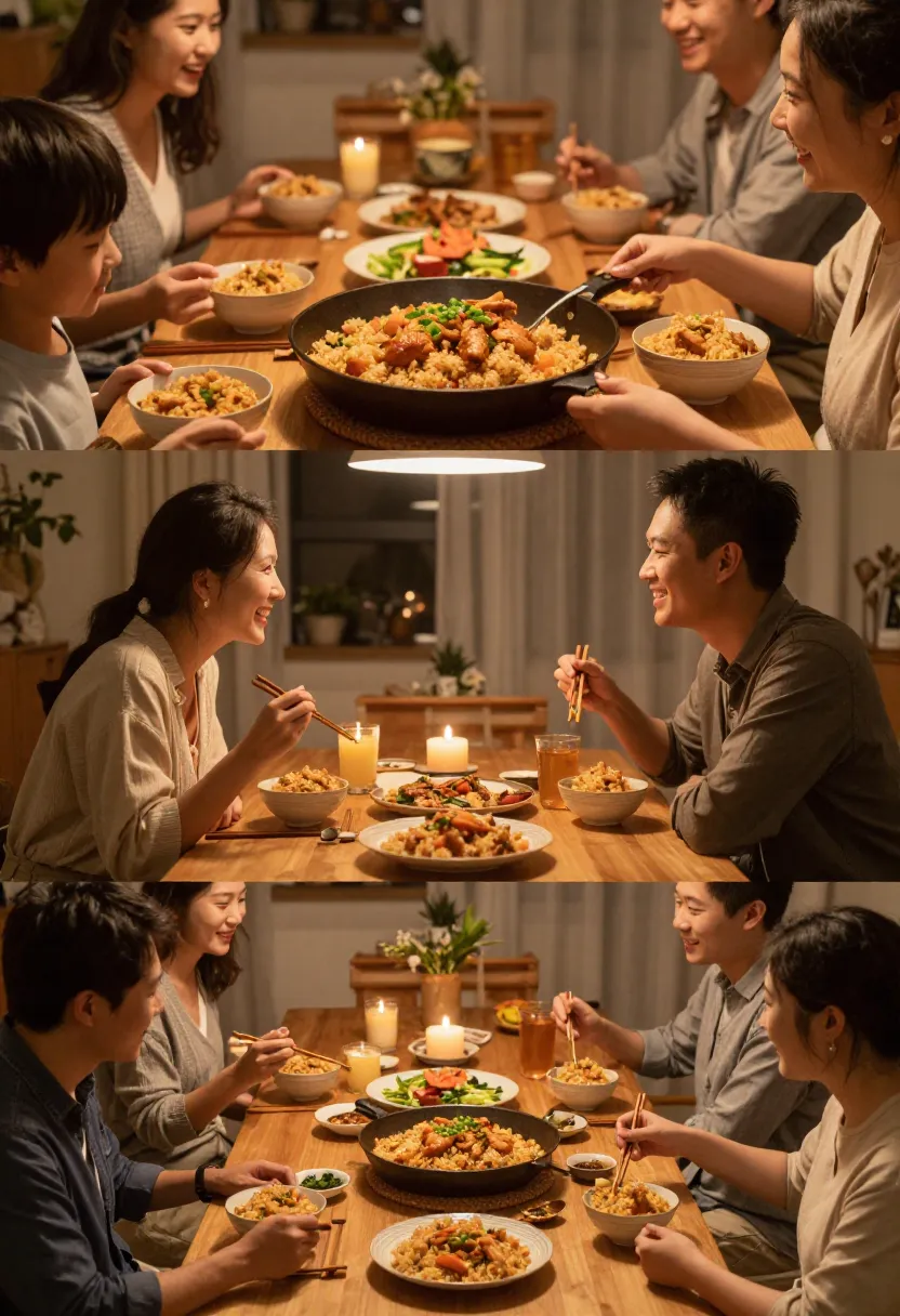 Family and friends enjoying homemade chicken fried rice together around a cozy dinner table.