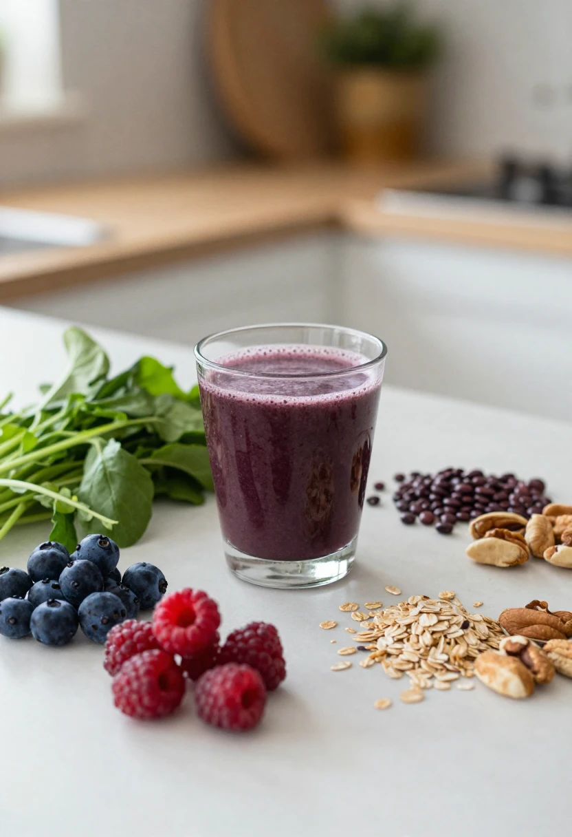 A small glass of acai juice beside balanced whole foods like berries, greens, nuts, and oats.