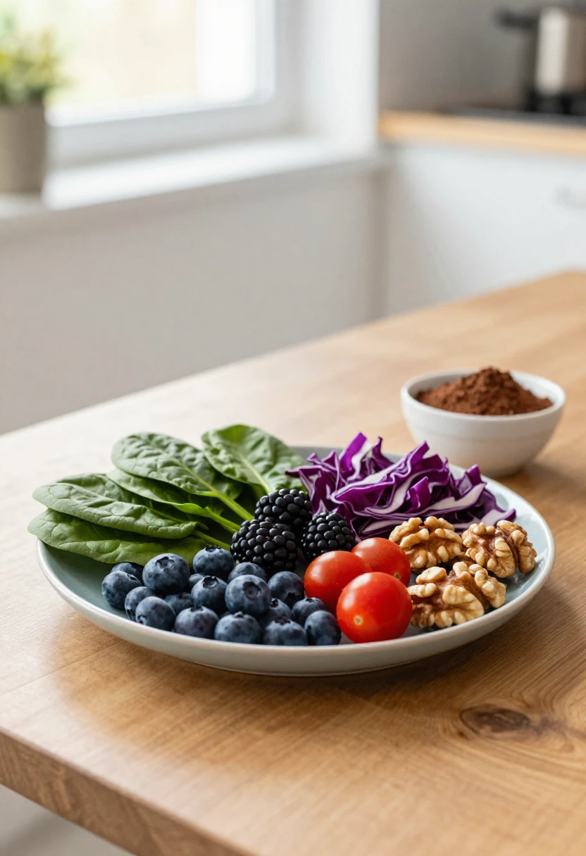 Plate of fresh greens, berries, tomatoes, walnuts and purple cabbage on a wooden table, with a bowl of cocoa powder in the background (kitchen scene).