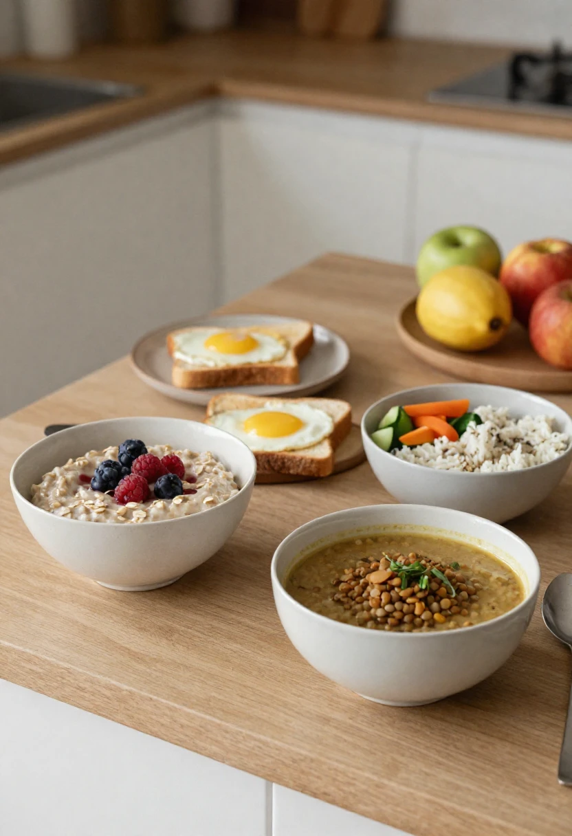 Different healthy meals on a kitchen counter showing that healthy eating can mean different things for different people.