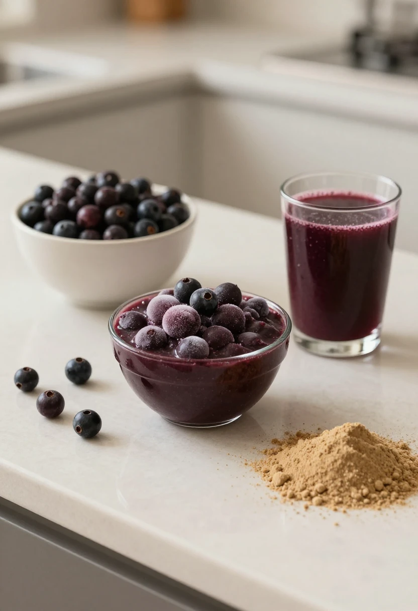 Acai berries, acai pulp, powder, and juice displayed on a clean kitchen counter.