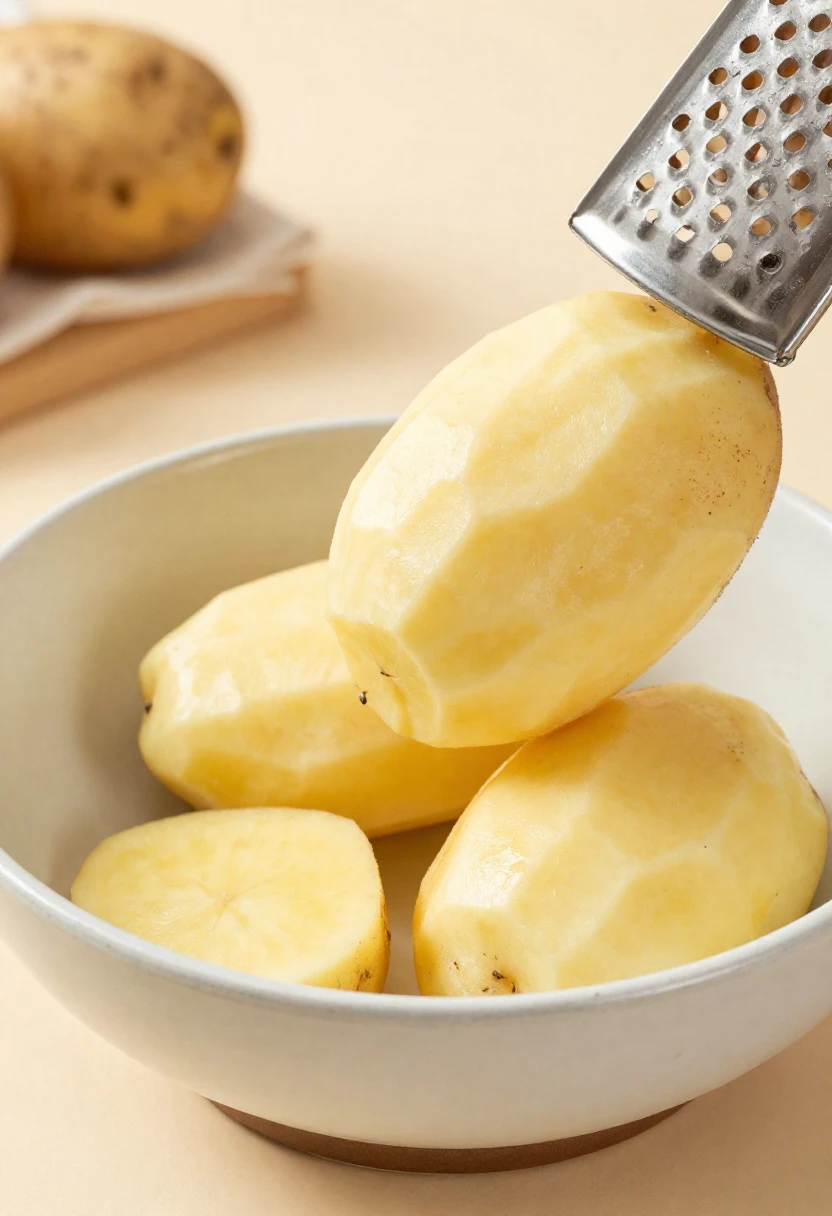 Peeled raw potato being grated to make fresh potato juice at home.
