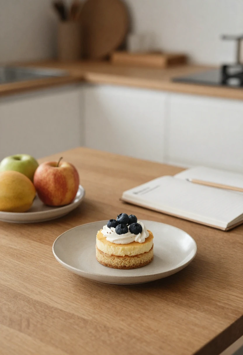 Small vanilla cake topped with whipped cream and blueberries sits on a plate on a wooden kitchen counter, with apples and an open notebook in the background.