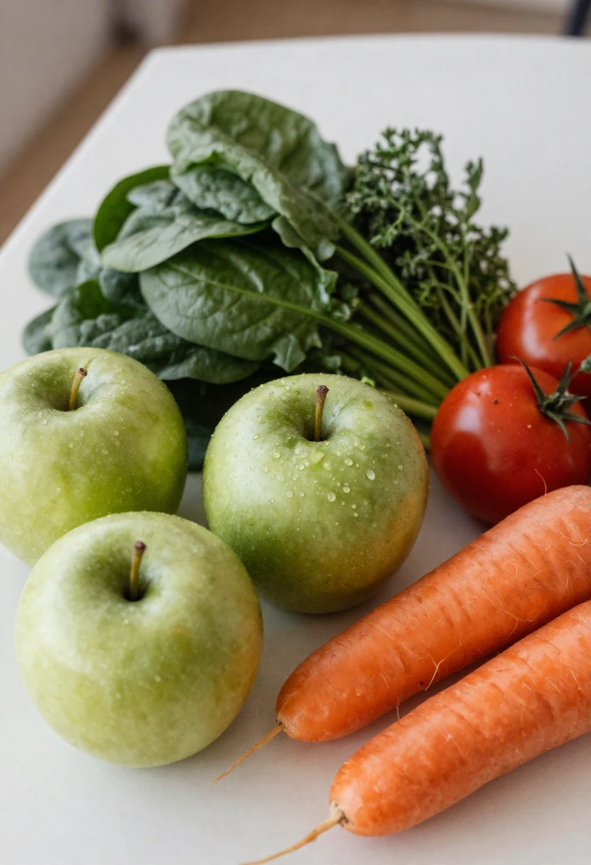 Fresh produce on a white surface: green apples, orange carrots, red tomatoes, leafy greens, and herbs.