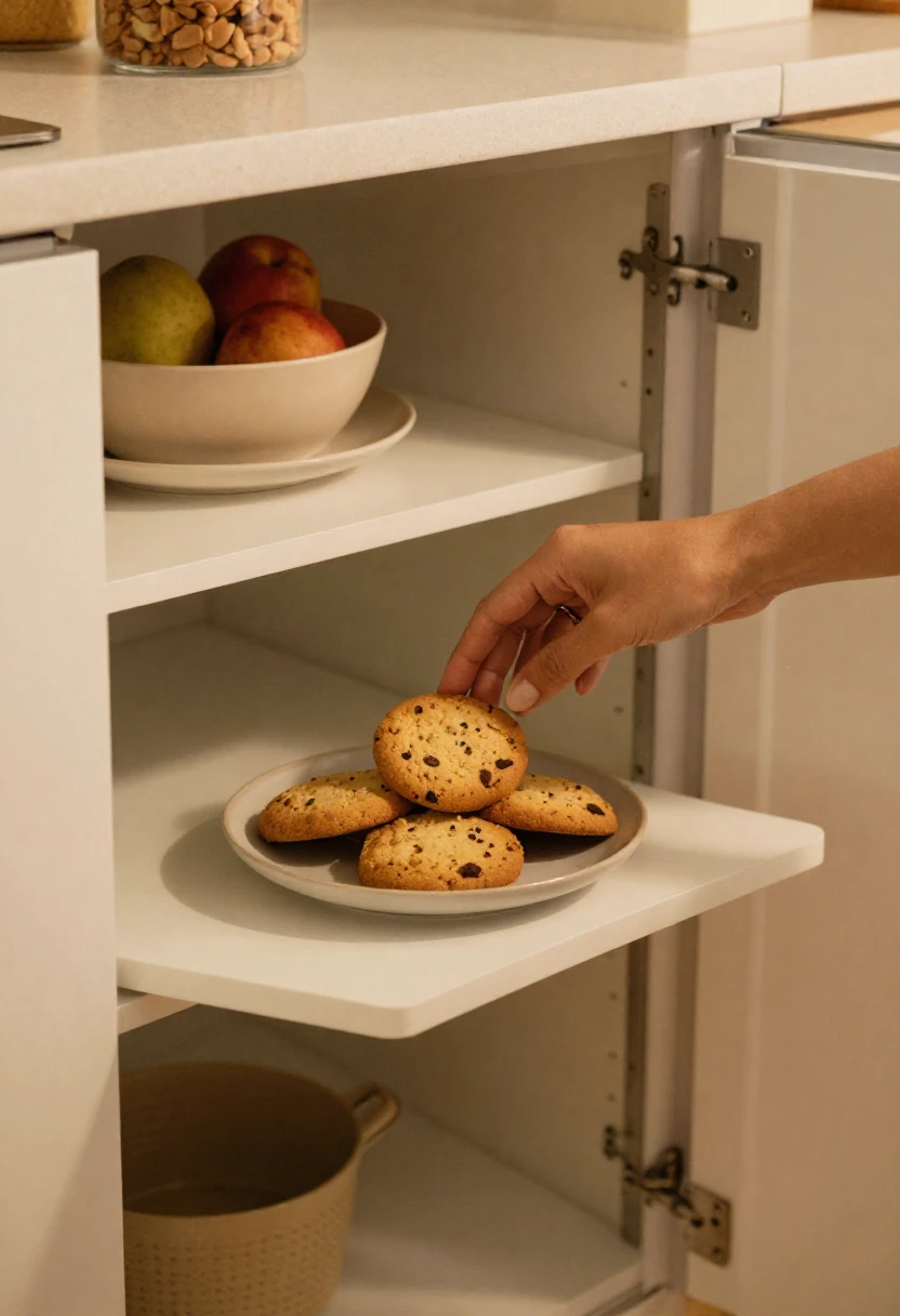 A person reaching toward snacks in a kitchen pantry during a sugar craving.