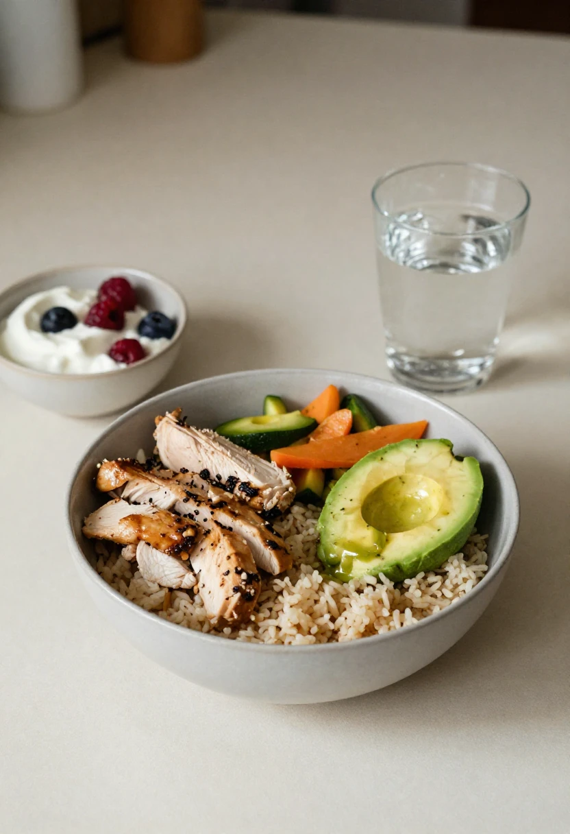 Post-workout CrossFit recovery meal with rice, chicken, vegetables, Greek yogurt, berries, and water.