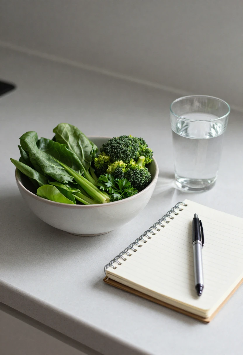 Leafy greens and broccoli beside a notebook for mindful vitamin K meal planning and dietary consistency.