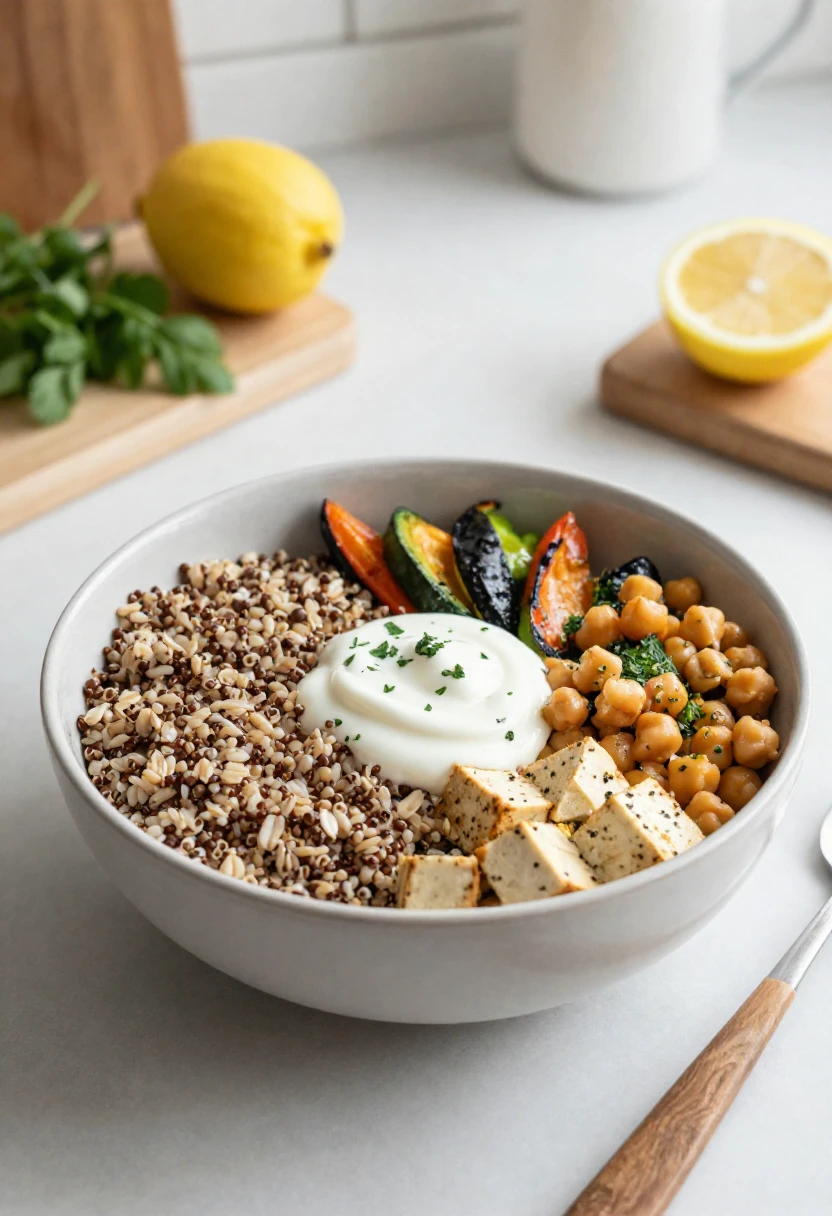 Bowl of mixed grains with chickpeas, tofu cubes, roasted vegetables, and a swirl of yogurt garnish with herbs on top.