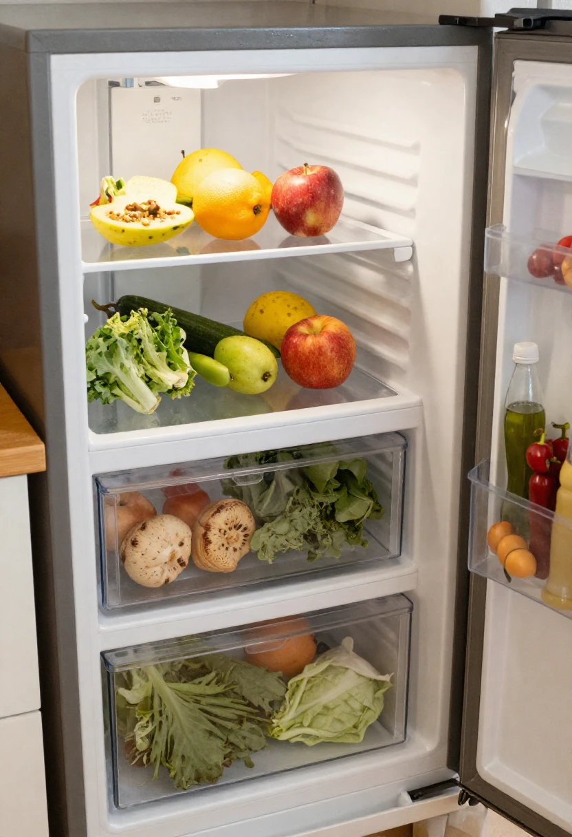Open refrigerator showing shelves with oranges, apples, pears and greens on the top two shelves and mushrooms and leafy greens in the drawers below.