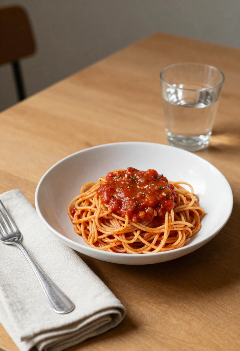 White bowl of spaghetti with tomato sauce on a wooden table, with a glass of water in the background.