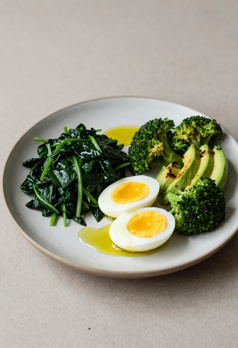 Plate of healthy food: two halved boiled eggs, sautéed greens, and steamed broccoli with olive oil drizzle.