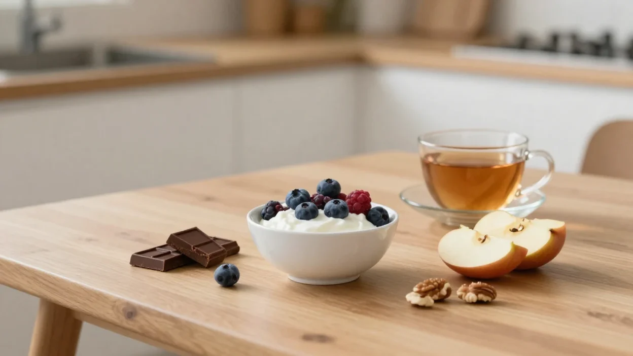 Balanced sweet snack with berries, yogurt, dark chocolate, fruit, and nuts on a cozy kitchen table.