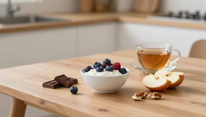 Balanced sweet snack with berries, yogurt, dark chocolate, fruit, and nuts on a cozy kitchen table.