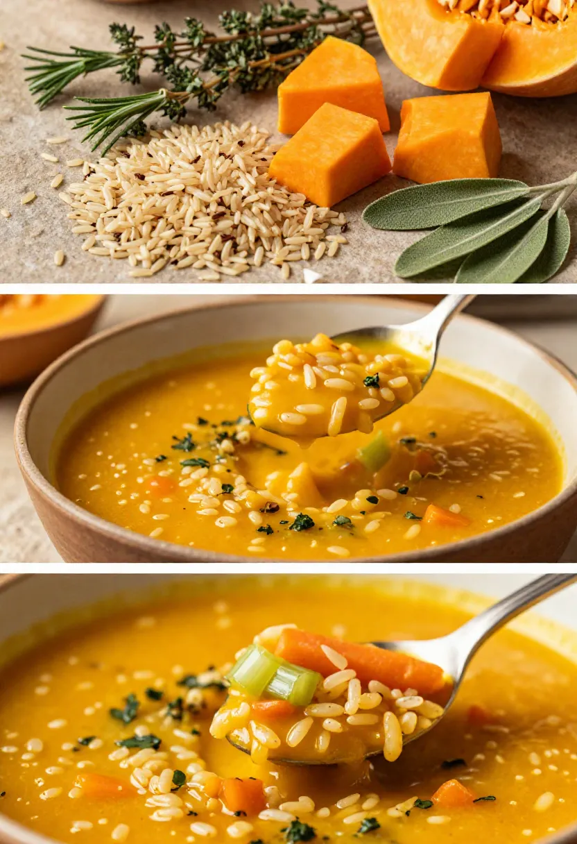Collage: uncooked rice and cubed squash with thyme and sage, set for squash soup.