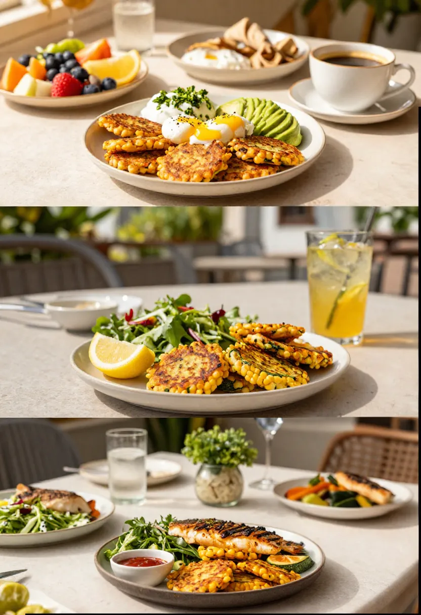 Three-frame collage showing corn and zucchini fritters served for brunch with eggs and avocado, lunch with salad, and dinner with grilled fish and vegetables.