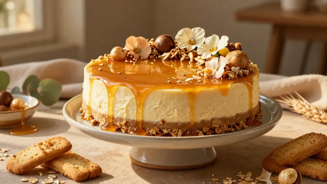 Elegant Golden Syrup ANZAC Cheesecake with a buttery oat biscuit crust, creamy filling, toasted coconut, and glossy golden syrup in a luxurious dessert presentation.