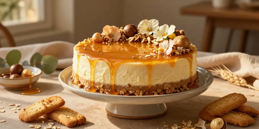 Elegant Golden Syrup ANZAC Cheesecake with a buttery oat biscuit crust, creamy filling, toasted coconut, and glossy golden syrup in a luxurious dessert presentation.