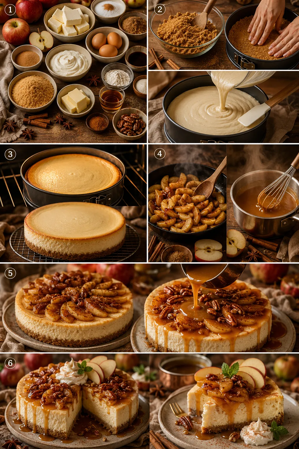 Assorted baking ingredients on a wooden table: butter, sugar, eggs, flour, spices, and apples arranged in bowls and cups.