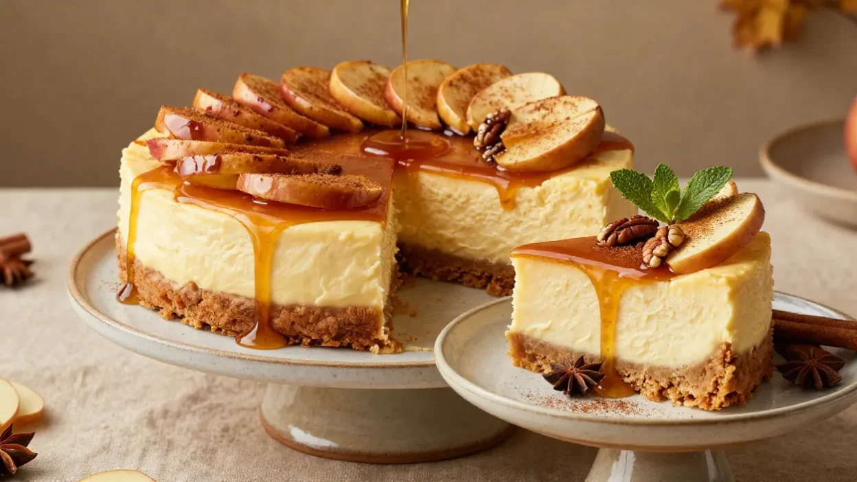 Apple cinnamon cheesecake with warm brandy sauce, tender apples, and elegant autumn garnish.