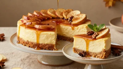 Apple cinnamon cheesecake with warm brandy sauce, tender apples, and elegant autumn garnish.
