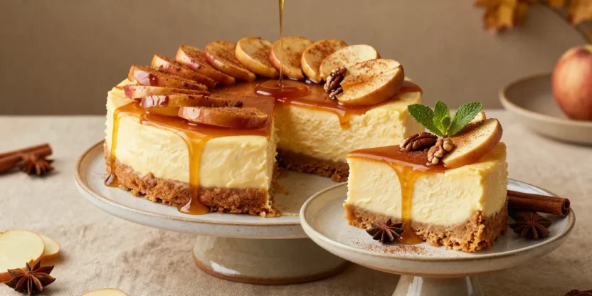 Apple cinnamon cheesecake with warm brandy sauce, tender apples, and elegant autumn garnish.