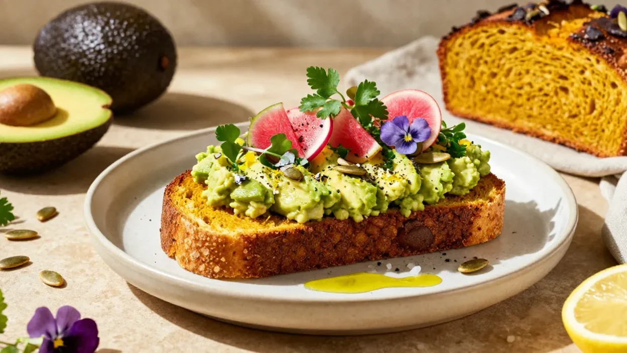 Restaurant-style avocado smash on toasted pumpkin loaf topped with fresh herbs, radishes, pumpkin seeds, and microgreens in an elegant breakfast presentation.