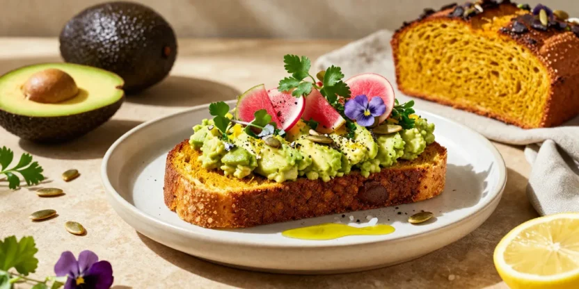 Restaurant-style avocado smash on toasted pumpkin loaf topped with fresh herbs, radishes, pumpkin seeds, and microgreens in an elegant breakfast presentation.