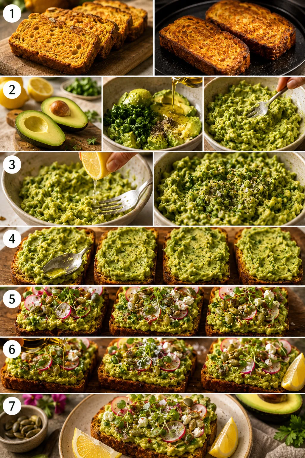 Vertical collage showing the step-by-step preparation of Avocado Smash on Pumpkin Loaf, from toasting the bread and mashing the avocado to the finished café-style presentation.
