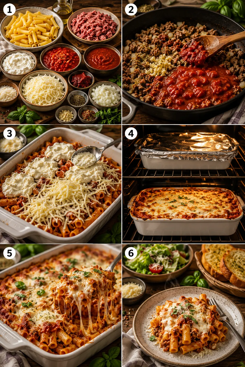 Step-by-step baked ziti with rich meat sauce, creamy ricotta, melted cheese, and golden baked layers.