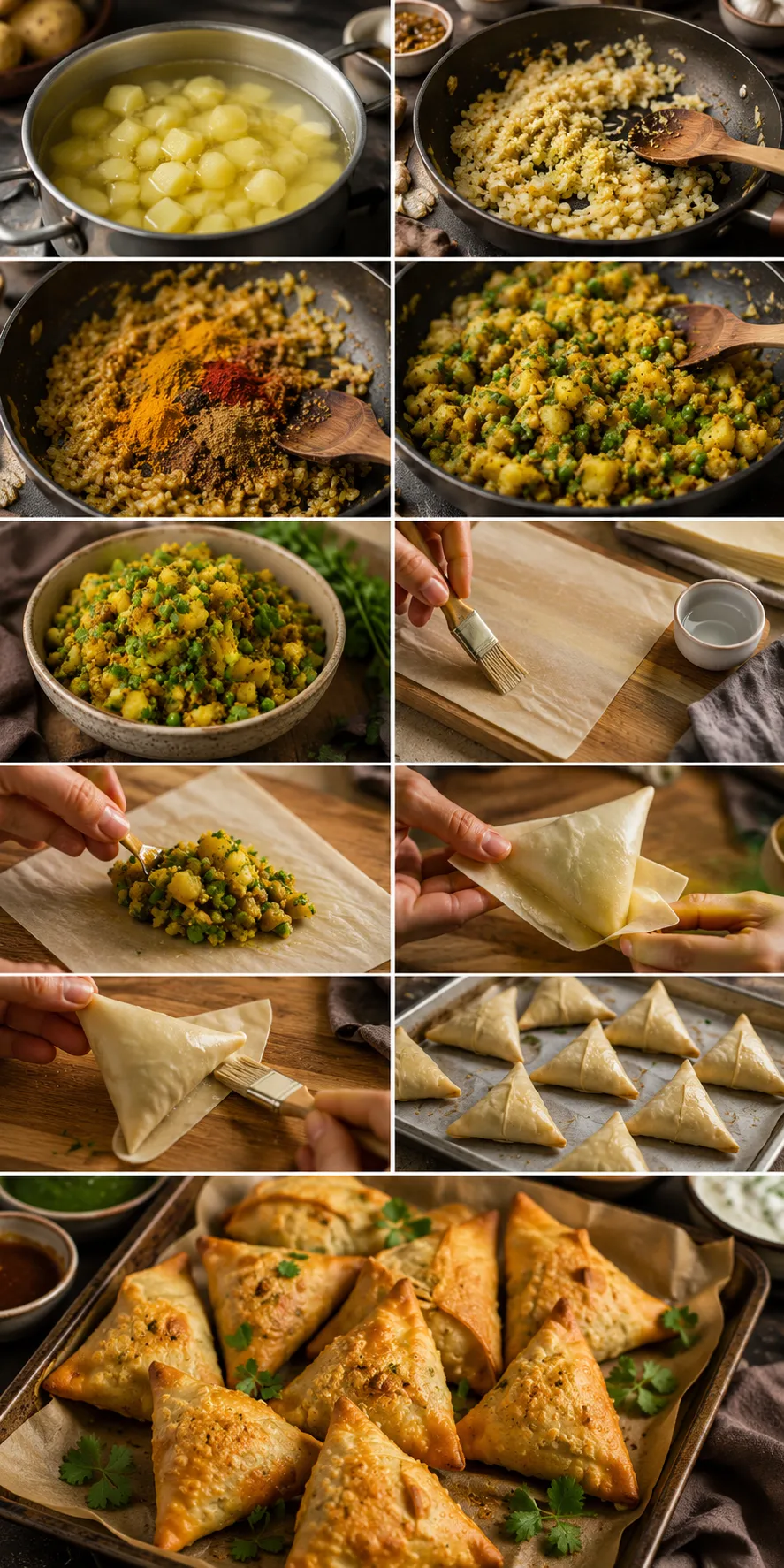 Vertical collage showing the complete process of making baked samosas from spiced filling to golden pastries.