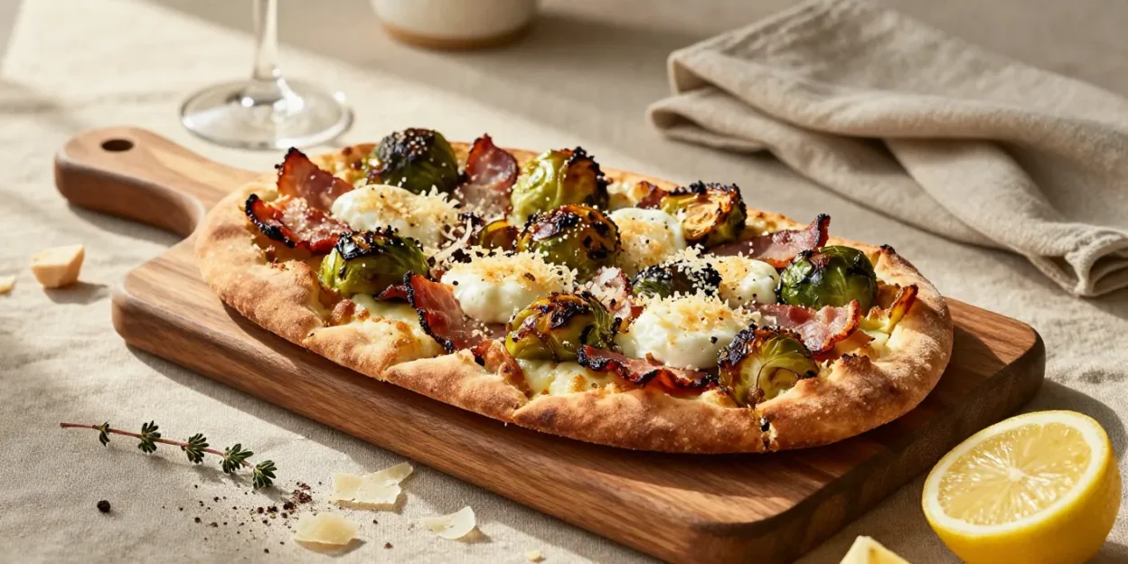 Freshly baked Brussels sprouts flatbread topped with crispy bacon, melted mozzarella, and golden Parmesan on a rustic wooden serving board.