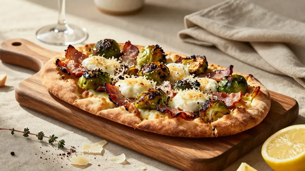 Freshly baked Brussels sprouts flatbread topped with crispy bacon, melted mozzarella, and golden Parmesan on a rustic wooden serving board.