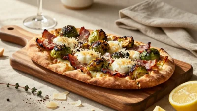 Freshly baked Brussels sprouts flatbread topped with crispy bacon, melted mozzarella, and golden Parmesan on a rustic wooden serving board.