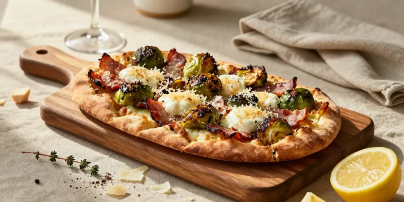 Freshly baked Brussels sprouts flatbread topped with crispy bacon, melted mozzarella, and golden Parmesan on a rustic wooden serving board.