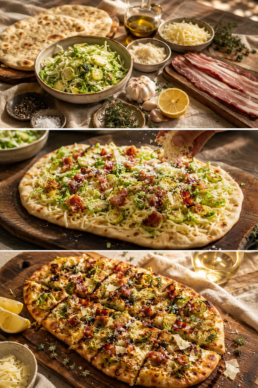 Vertical collage showing the ingredients, assembly, and finished Brussels sprouts flatbread with crispy bacon and melted cheese.