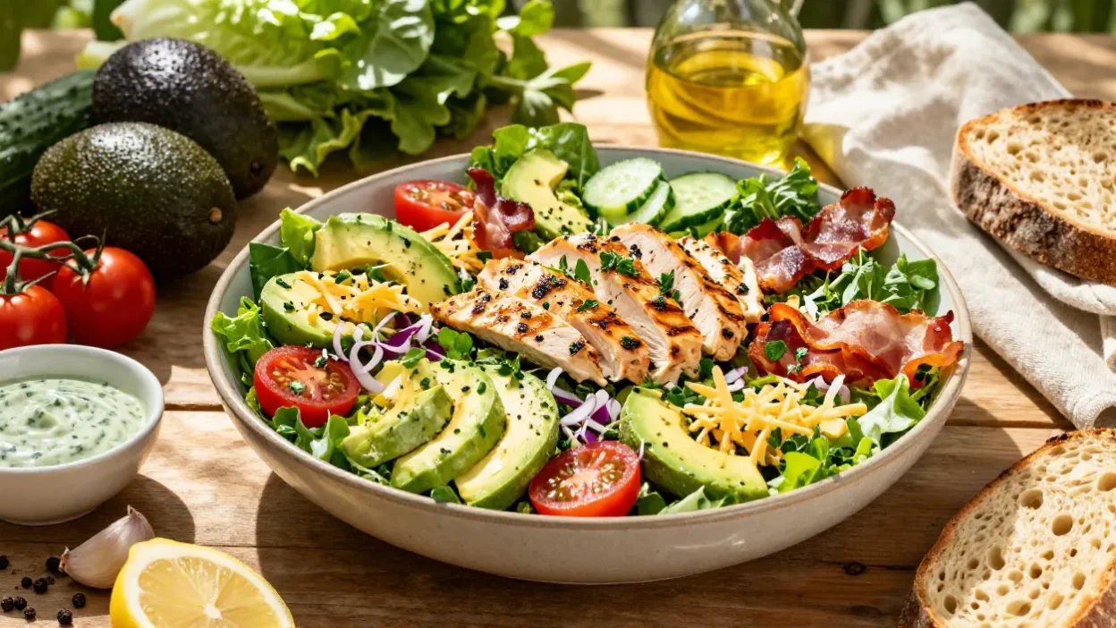 Colorful chicken bacon avocado chopped salad with grilled chicken, crispy bacon, creamy avocado, and fresh vegetables in an elegant summer presentation.