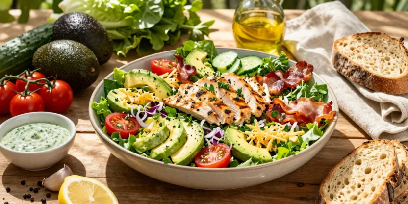 Colorful chicken bacon avocado chopped salad with grilled chicken, crispy bacon, creamy avocado, and fresh vegetables in an elegant summer presentation.