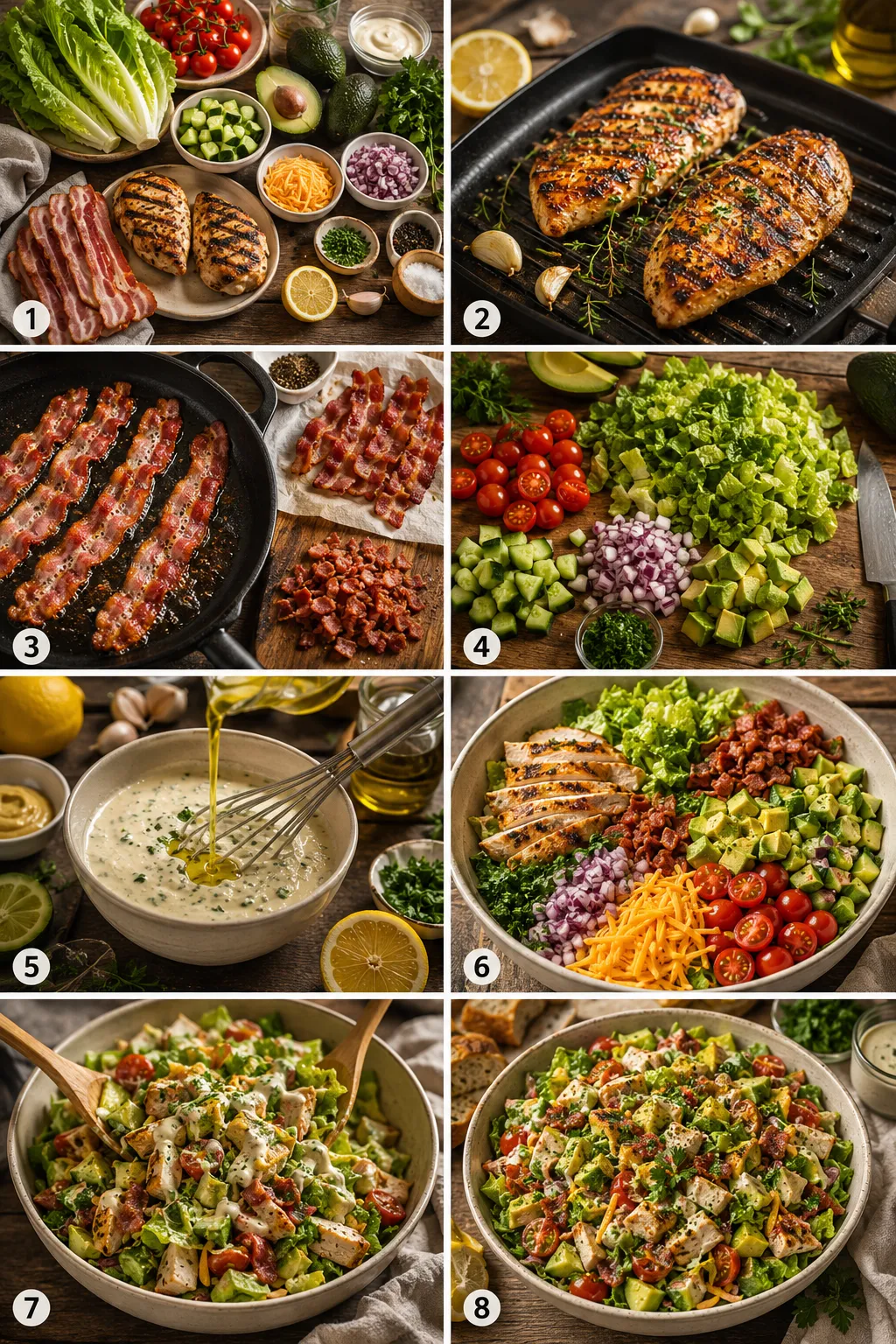 Eight-frame vertical collage showing the complete process of making chicken bacon avocado chopped salad, from preparing fresh ingredients to the finished colorful salad served in an elegant bowl.